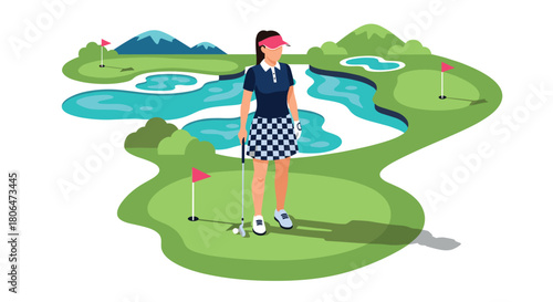 Woman golfer on scenic course with mountains and water hazards in flat design
