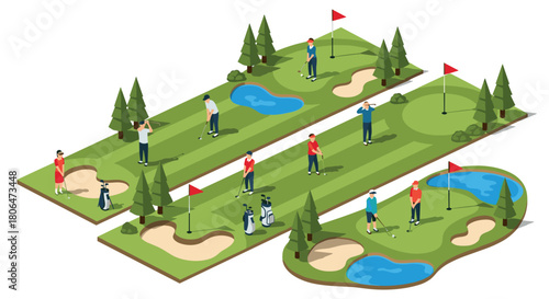 Isometric golf course scene with players in action on green landscapes