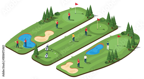 Isometric golf course scene with players and landscaped greens
