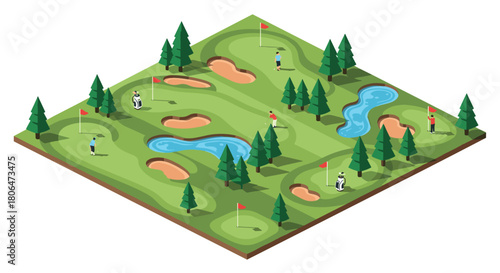 Isometric golf course design with trees, water hazards, and players in action