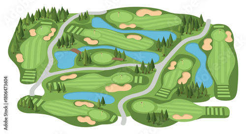 Isometric golf course layout with green fairways and water hazards
