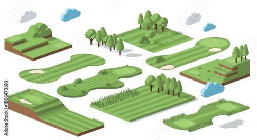 Isometric golf course elements with green landscapes and flags