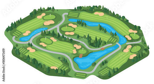 Isometric golf course with green fields, bunkers, water hazards, and trees
