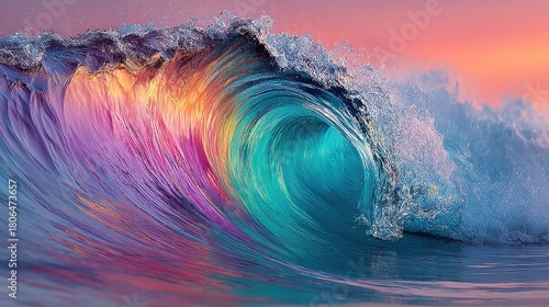 Vibrant wave cresting with a rainbow of colors under a sunset sky.