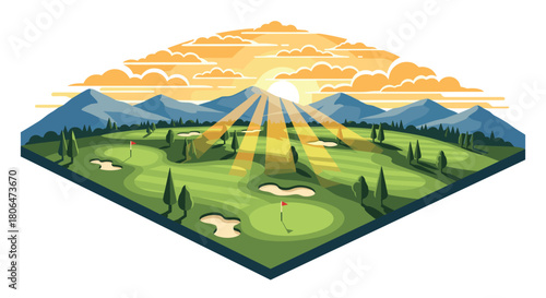 Scenic golf course with sunrise and mountains in geometric design