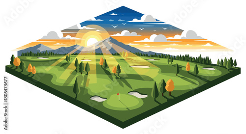 Vibrant isometric golf course landscape with sunset and mountains