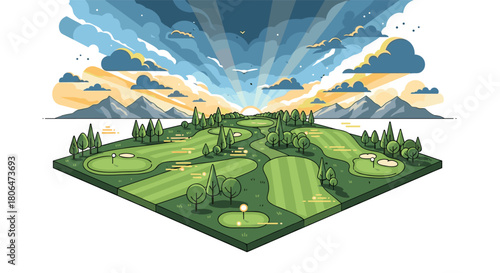 Flat style isometric golf course landscape with mountains and sunset skies