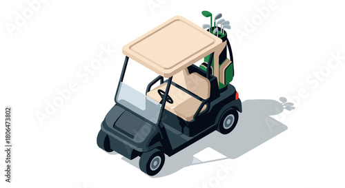 Isometric golf cart with clubs on white background for sports and outdoor design