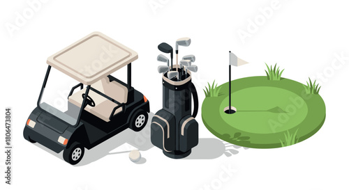 Isometric golf cart, bag, and green with flag for sports enthusiasts