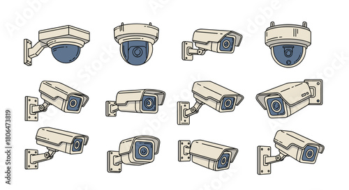 Assortment of surveillance cameras shown from multiple angles, featuring both dome and bullet styles for security systems and private property protection.