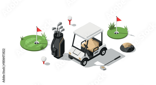 Isometric golf cart and equipment on a course