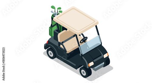 Isometric golf cart with clubs on roof in minimalist style