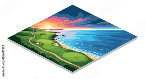 Coastal golf course at sunset with vibrant sky and ocean view