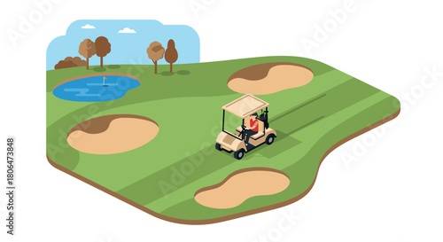 Isometric golf course scene with cart on green fairway and bunkers