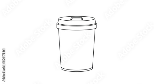 Minimalist black and white outline of a disposable paper coffee cup with a plastic lid, representing takeaway beverages and daily morning routines.