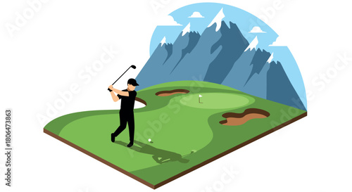 Golfer teeing off on mountainous golf course in isometric design