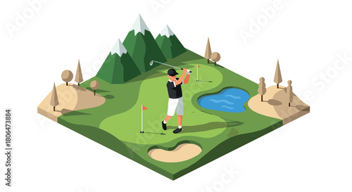 Isometric golf course scene with golfer swinging club near mountains and pond