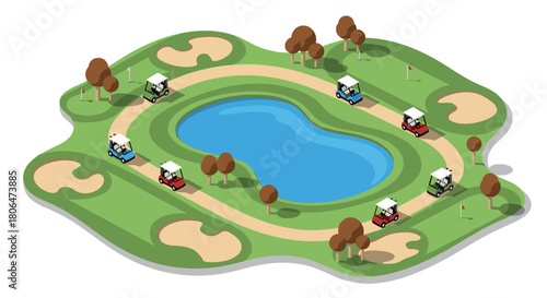 Cartoon isometric mini golf course with trees and lake