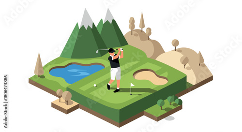 Golfer playing on isometric golf course with mountains and lake in the background
