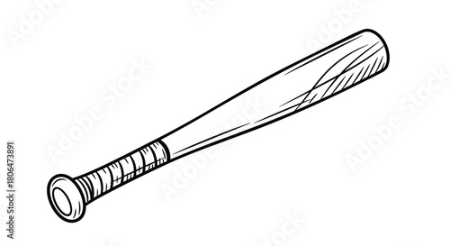Simple black and white line art illustration of a classic wooden baseball bat, a key piece of sports equipment used in games and for training.