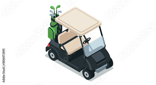 Stylish isometric golf cart with clubs on white background