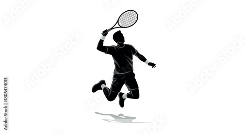 Dynamic tennis player silhouette in mid-air leap with racket