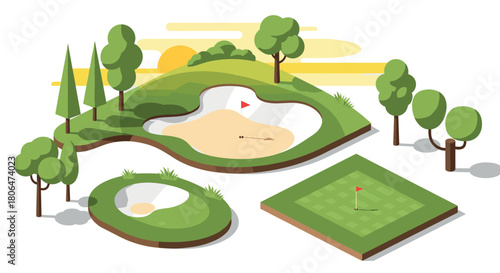 Modern golf course design with lush greenery and sand traps in isometric style