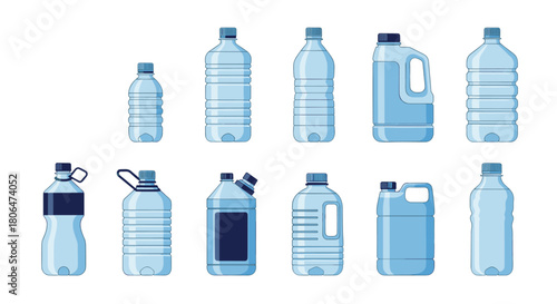 Assortment of clear blue plastic bottles, jugs, and containers in various shapes and sizes, commonly used for water, drinks, and other liquids.