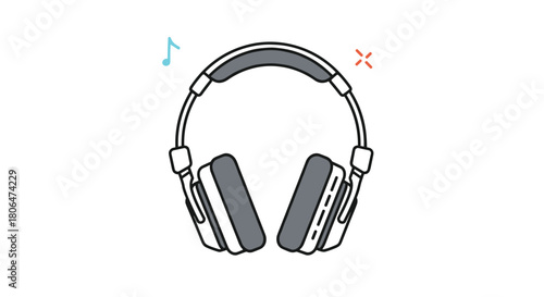 Simple and modern illustration of over-ear headphones with colorful music notes floating nearby, representing the joy of listening to music or podcasts.
