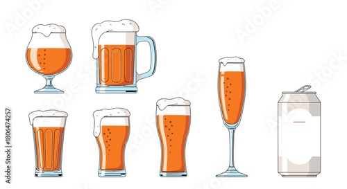 Refreshing assortment of craft beer served in seven different styles of glasses and a white aluminum can, all showcasing a golden hue and frothy foam.