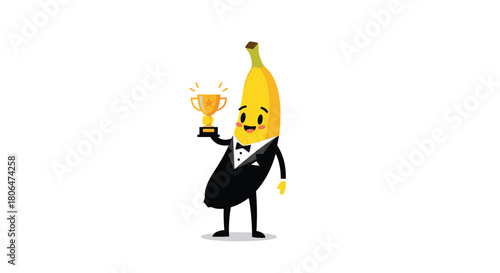 Proud and dapper cartoon banana character dressed in a formal tuxedo, smiling as he holds up a shiny golden trophy celebrating a victory or achievement.