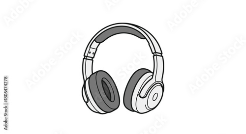 Simple black and white illustration of modern over-ear wireless headphones, showcasing a clean design with padded earcups and an adjustable headband.