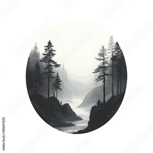 Circle with forest trees in fog. Contains hieroglyphs - eternity, freedom, happiness. Traditional oriental ink painting sumi-e, u-sin, go-hua