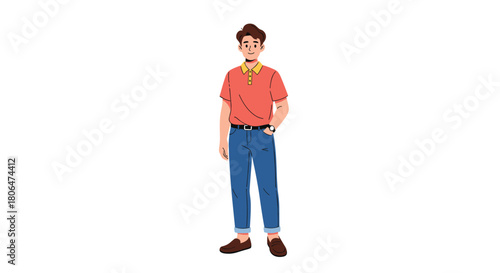 Full-body illustration of a friendly young man with brown hair, dressed in a casual polo shirt, blue jeans, and loafers, smiling at the viewer.