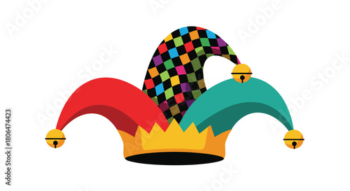 Colorful jester's hat or fool's cap with three points, each ending in a golden bell, featuring a multicolored harlequin pattern in the center.