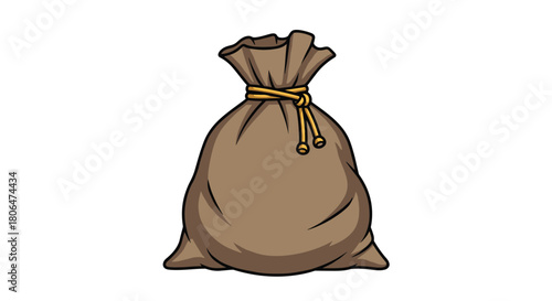 Simple cartoon illustration of a full brown burlap sack tied at the top with a yellow rope, suggesting it contains money, treasure, or goods.