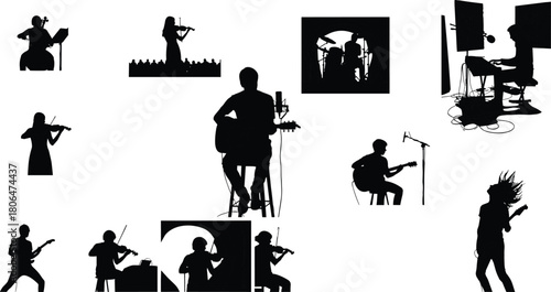 silhouettes, musicians, instruments, concert, performance, studio, recording, guitar, violin, cello, drums, DJ