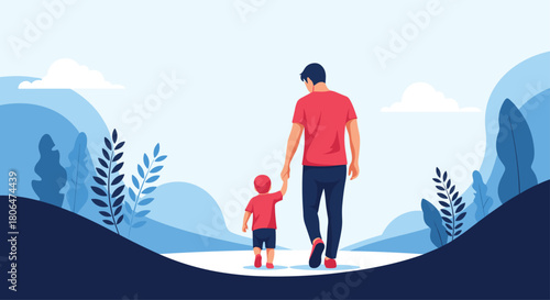 Heartwarming illustration of a father and son holding hands and walking away through a beautiful, stylized blue landscape of hills and foliage.