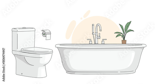 Modern bathroom interior elements featuring a white ceramic toilet with a toilet paper holder and a freestanding bathtub with a potted plant.