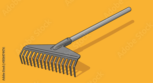 Isometric illustration of a gray garden rake with a long handle, casting a shadow on a solid orange background, perfect for gardening concepts.