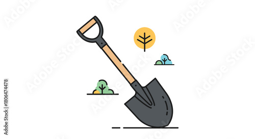 Colorful flat design icon of a shovel with a wooden handle, used for gardening, construction, or digging, with simple nature elements in the background.
