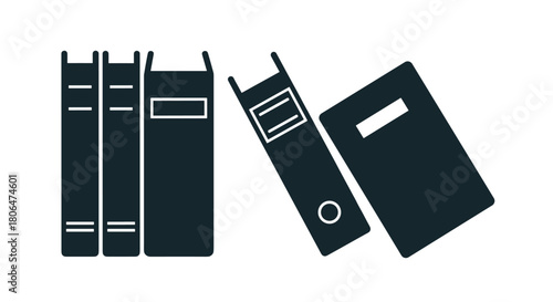 Set of black silhouette icons representing books and binders, showing a row of classic books and a tilted stack of office ring binders.