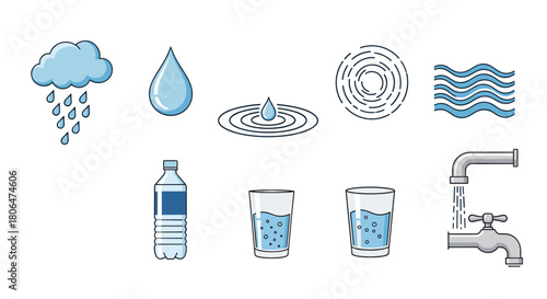 Collection of simple, colorful icons representing water in various forms and uses, including rain, drops, waves, bottles, glasses, and a running faucet.