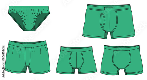 Collection of green men's underwear in various popular styles, including briefs, boxer shorts, and different cuts of boxer briefs for comfort.