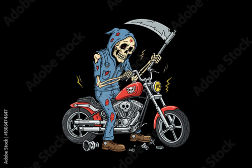 Grim Reaper Skeleton Riding a Chopper Motorcycle.