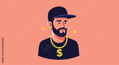 Modern flat illustration of a cool bearded man wearing a baseball cap backwards, an earring, and a large gold dollar sign chain necklace.