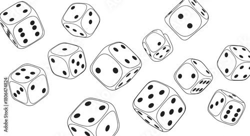 Dynamic black and white pattern of multiple six-sided dice tumbling through the air, representing games, chance, luck, and gambling.