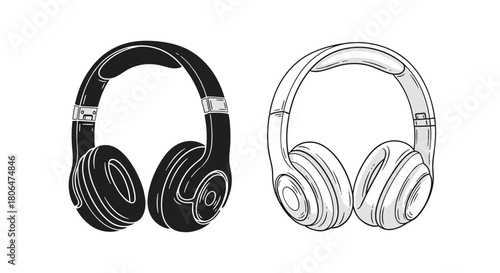 Hand-drawn sketch illustrations of modern wireless headphones, shown in both a solid black silhouette and a detailed white line art version.