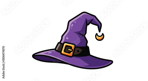 Cartoon illustration of a pointy purple witch or wizard hat with a wide brim, a brown belt, a gold buckle, and a small crescent moon charm.