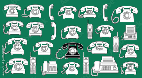 Extensive collection of white and black silhouette illustrations of vintage and retro telephones, including rotary phones, cordless phones, and fax machines.